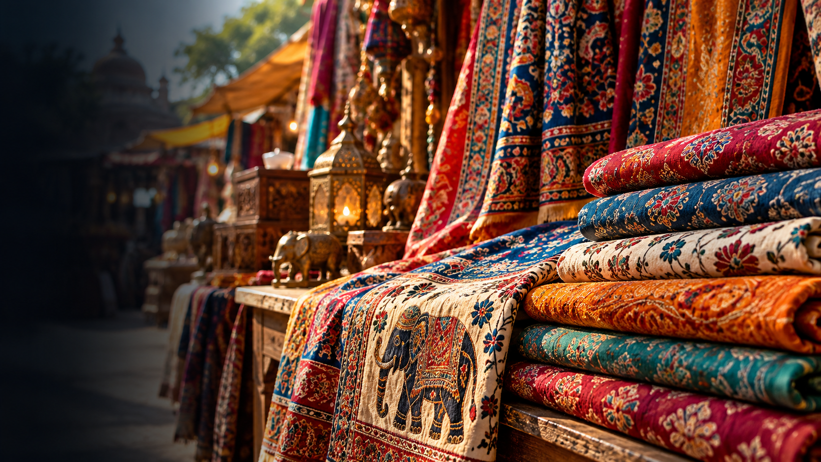 Kalamkari Textilien aus Indien mit traditionellen Mustern und Farben