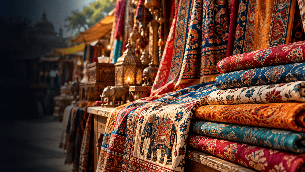 Kalamkari Textilien aus Indien mit traditionellen Mustern und Farben