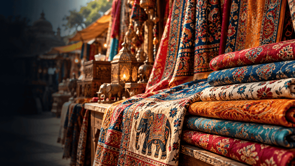 Kalamkari Textilien aus Indien mit traditionellen Mustern und Farben