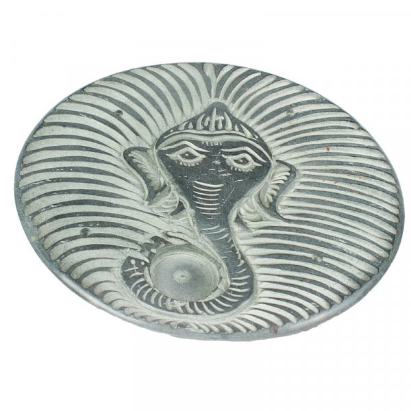 Speckstein- Räucherstäbchenhalter Rund mit Ganesha, 10cm.