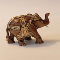 Elefant aus Holz, geschm&uuml;ckt, R&uuml;ssel hoch, dunkel, 5 cm