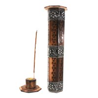 Räucherturm aus Mangoholz sechseckig mit Metalldekor ca. 30 cm