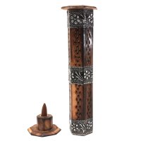 Räucherturm aus Mangoholz sechseckig mit Metalldekor ca. 30 cm