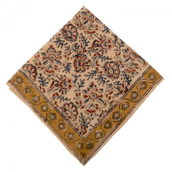 Kalamkari- Bandanatuch, 55x55 cm. Rot-Blau-Braun