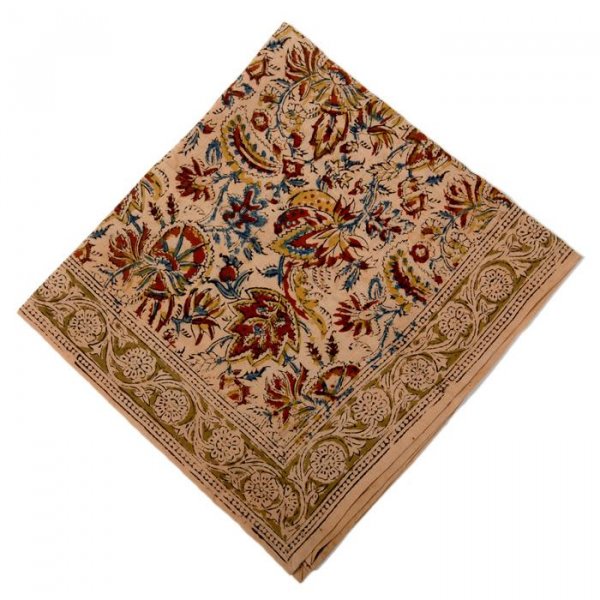Kalamkari- Bandanatuch, 55x55 cm.  Rot-Blau Blüten