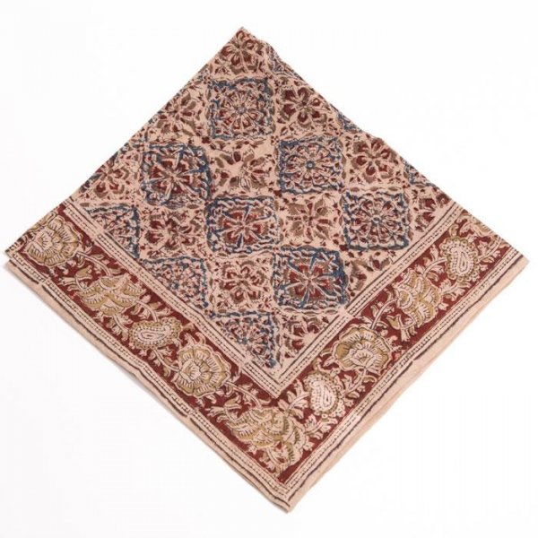 Kalamkari- Bandanatuch, 55x55 cm. Blau-Rote Blumen