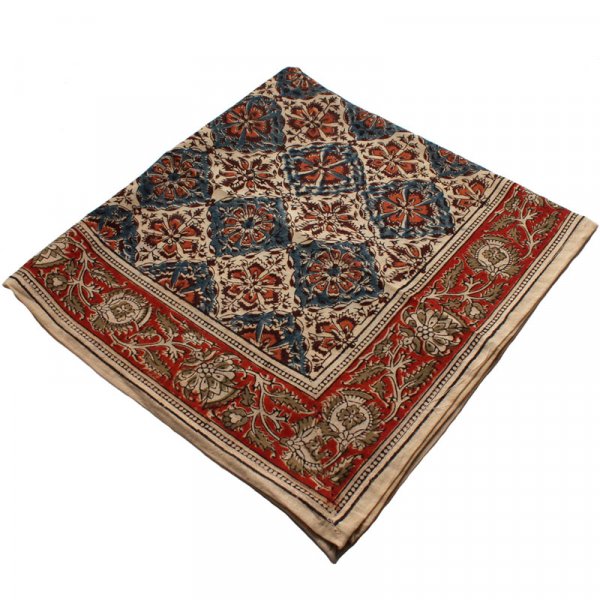 Kalamkari- Bandanatuch, 55x55 cm. Braun-Blau-Rot