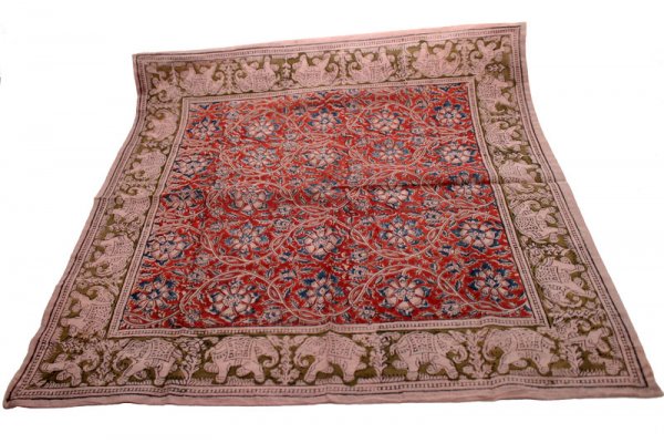 Kalamkari- Bandanatch, 55x55 cm. Rot mit Blumen und Elefanten