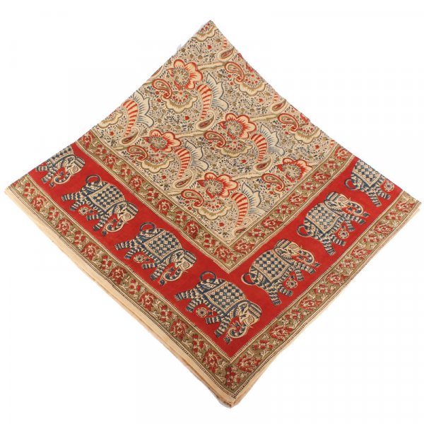 Kalamkari- Tuch, 110x110 cm, Rot-Weiß mit Elefanten