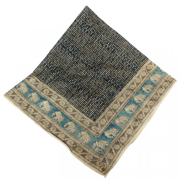 Kalamkari- Tuch, 110x110 cm, Blau mit Elefanten