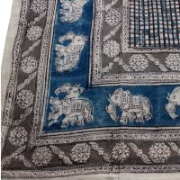 Kalamkari- Tuch, 110x110 cm, Blau mit Elefanten