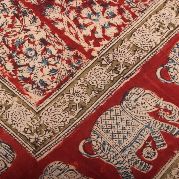 Kalamkari Tuch 110x110cm,Rot mit Elefanten