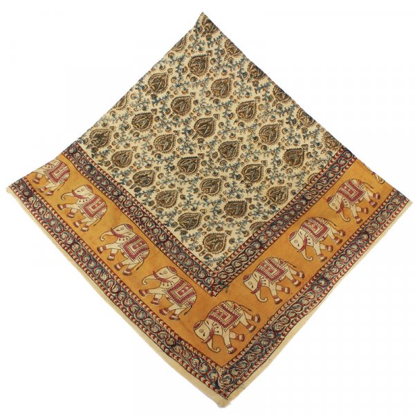 Kalamkari Tuch 110x110cm, Grün-Blau-Gelb mit Elefanten