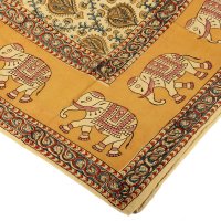 Kalamkari Tuch 110x110cm, Grün-Blau-Gelb mit Elefanten