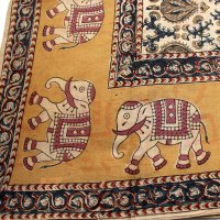 Kalamkari Tuch 110x110cm, Grün-Blau-Gelb mit Elefanten