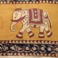 Kalamkari Tuch 110x110cm, Grün-Blau-Gelb mit Elefanten
