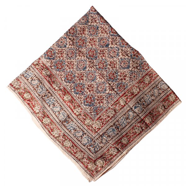 Kalamkari Tuch 110x110cm, Blumen Rot-Blau