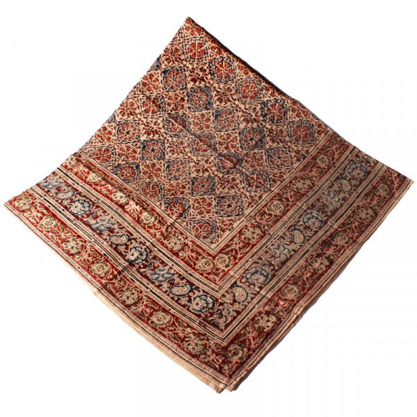 Kalamkari Tuch 110x110cm, Blumen Braun-Blau