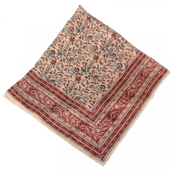 Kalamkari Tuch 110x110cm, Rostbraun-Blau, Rankenmotive