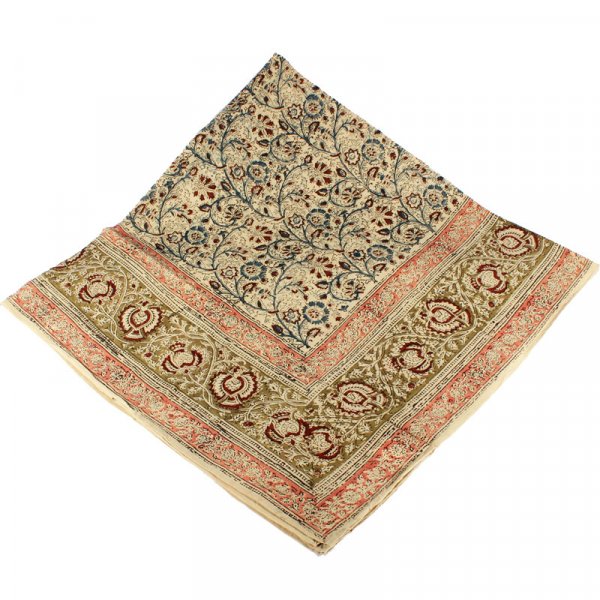 Kalamkari Tuch 110x110cm, Rosa-Rostbraun mit Ranken