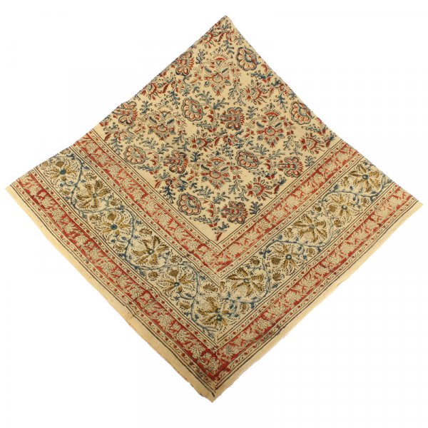 Kalamkari- Tuch, 110x110 cm, Rot-Blau mit Ranken und Blumen