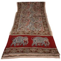Kalamkarischals aus Baumwolle,35x180 cm Rot mit Elefanten