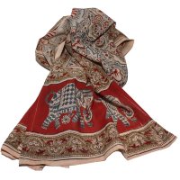 Kalamkarischals aus Baumwolle,35x180 cm Rot mit Elefanten