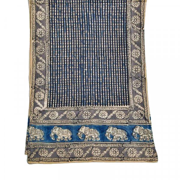 Kalamkarischals aus Baumwolle,35x180 cm Blau mit Elefanten