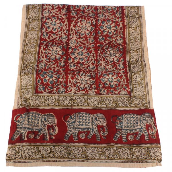 Kalamkarischals aus Baumwolle, 35x180 cm Rot mit Elefantzen