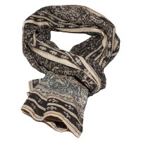 Kalamkari Schal 35x180cm, Schwarz-Blau mit Blüten