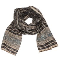 Kalamkari Schal 35x180cm, Schwarz-Blau mit Blüten