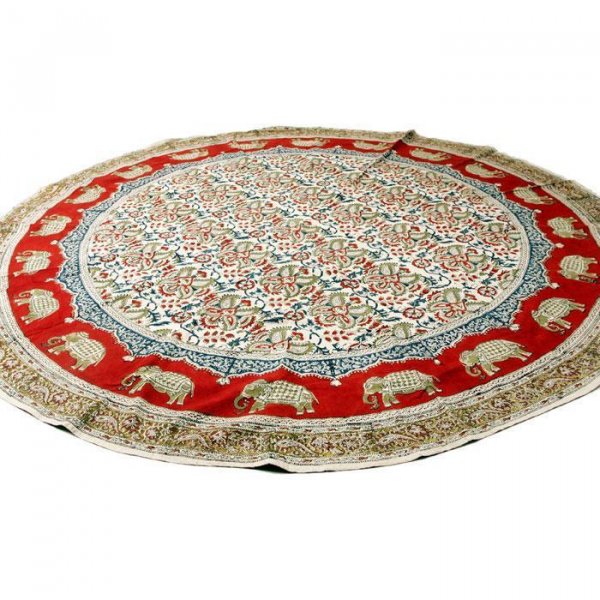 Kalamkari- Tischdecke rund 150cm, Rot mit Elefanten