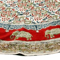Kalamkari- Tischdecke rund 150cm, Rot mit Elefanten