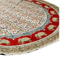 Kalamkari Tischdecke rund,  Rot mit Elefanten in 2 versch. Größen