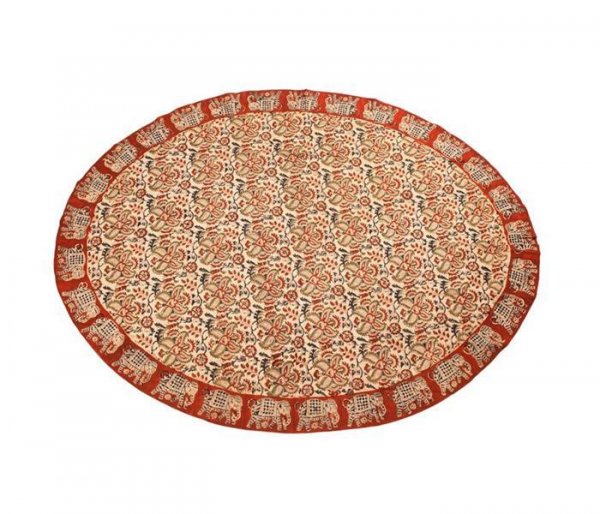 Kalamkari Tischdecke oval 120x160cm, Rot mit Elefanten