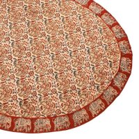 Kalamkari Tischdecke oval 120x160cm, Rot mit Elefanten
